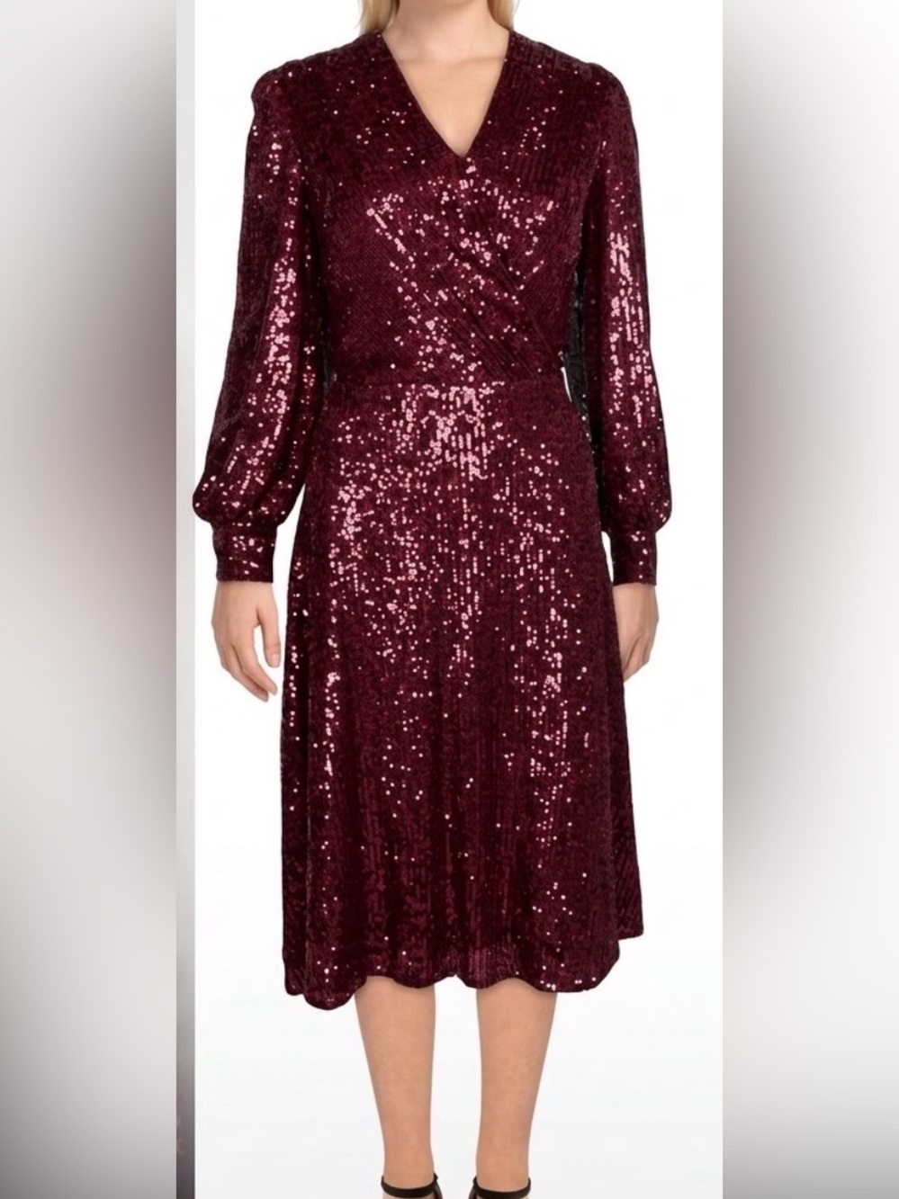 Women's Tahari Red Sequin Long-Sleeve Wrap Dress